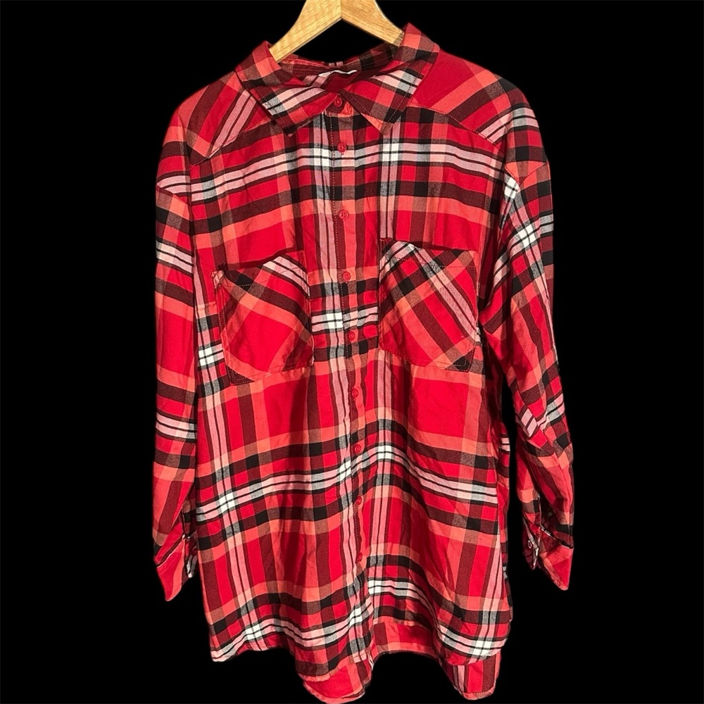 Pennington Women's Patch Pocket 9 Button Top Red And Black Plaid/Flannel Size 1X